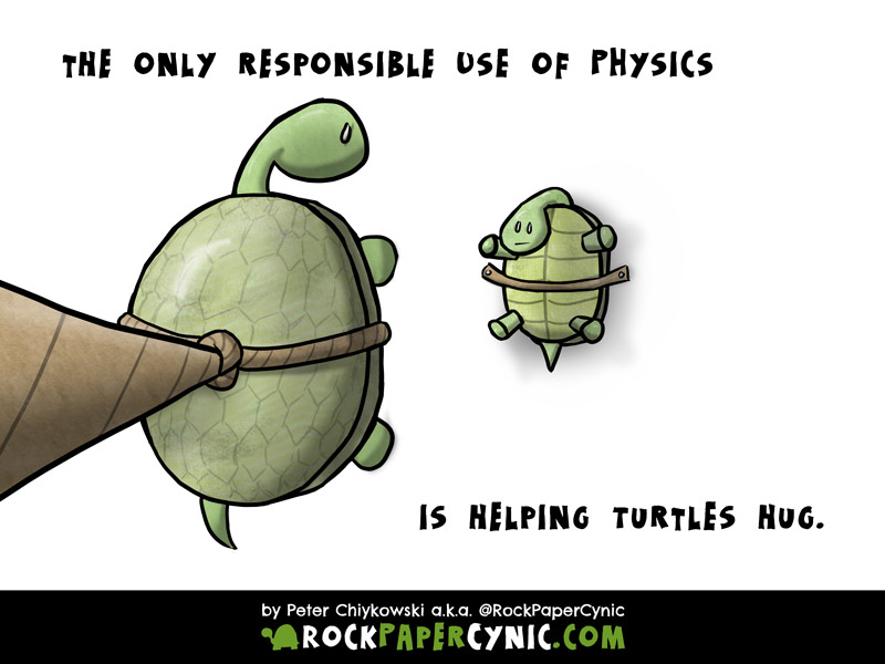 physics knowledge is applied to make the impossible happen--two turtle are able to hug each other!